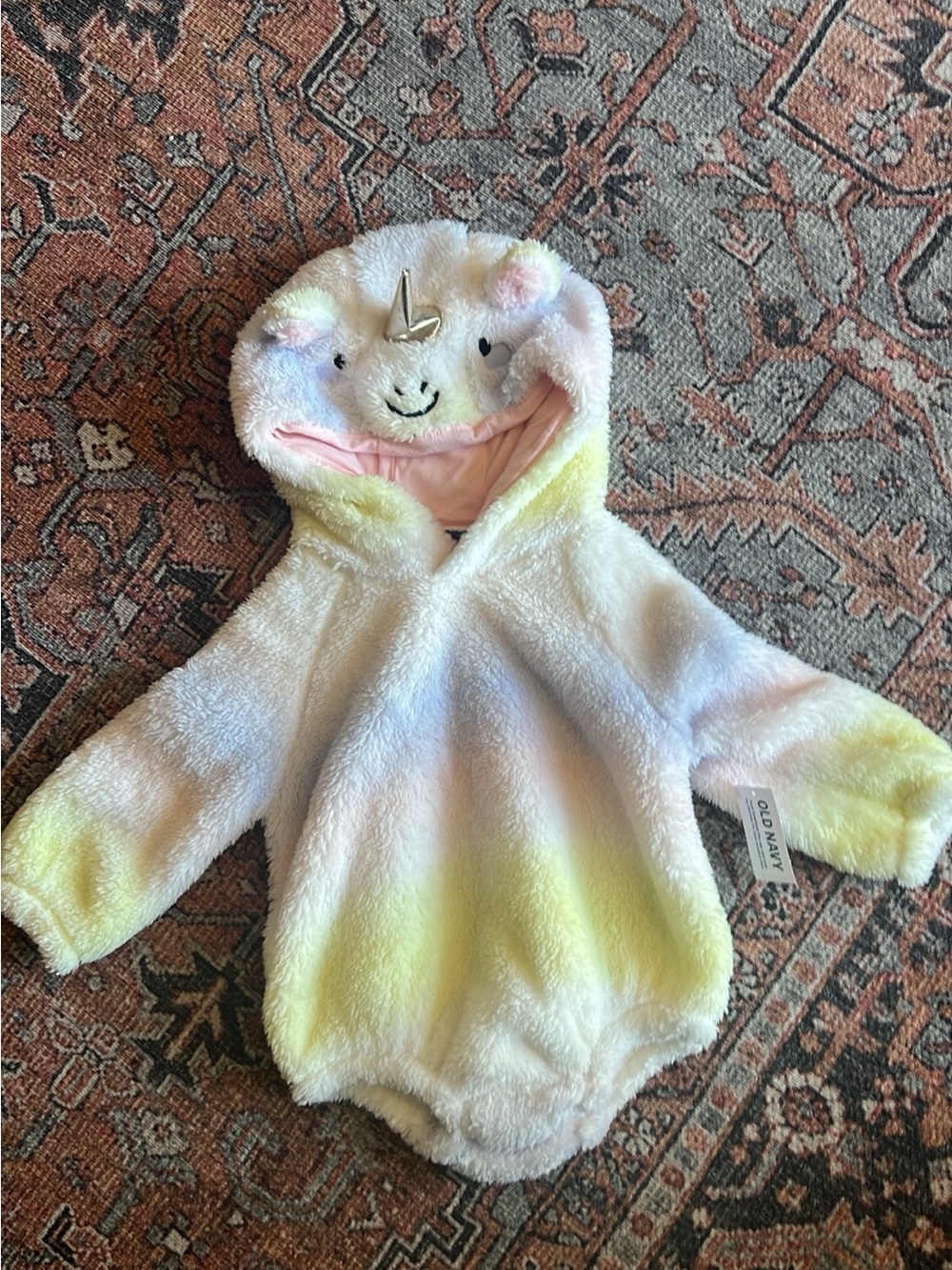 Old Navy Pastel Unicorn Fuzzy Hooded One-Piece - White, Yellow, Pink, Blue
